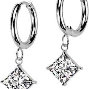 Stainless Steel CZ Diamond Shaped Dangling Huggie Hoop Earrings Pair